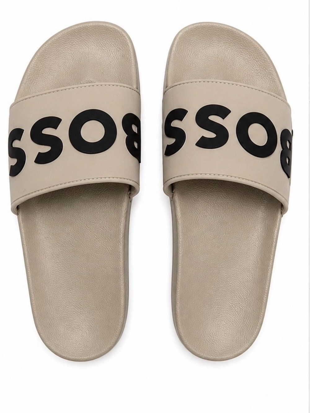 BOSS Beige Slide Sandals with Black Logo Strap